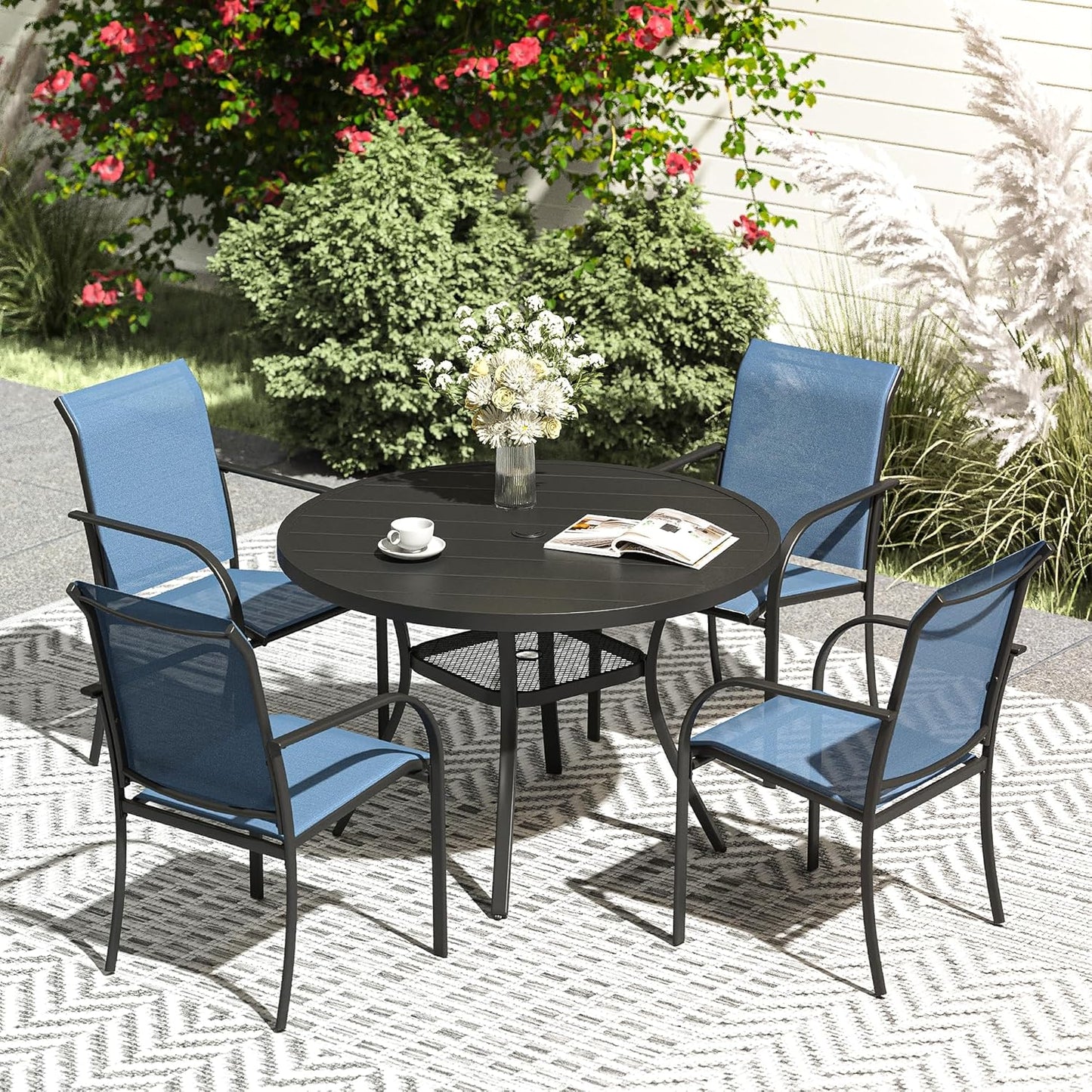 VICLLAX 5 Pieces Patio Dining Set, Outdoor Furniture Set Includes 41.2" Round Patio Table and 4 Patio Sling Chairs, Black Tabletop and Blue Fabric