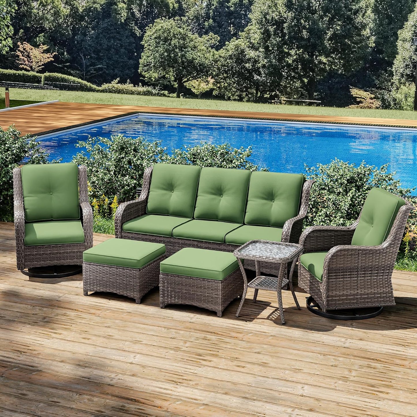 Joyside Wicker Patio Furniture Set 6 Piece Set with 1 Three-Seat Sofa, 2 Swivel Rocker Chairs, 2 Ottomans and 1 Side Table, Outdoor Furniture Patio Conversation Sets(Mixed Grey/Green)