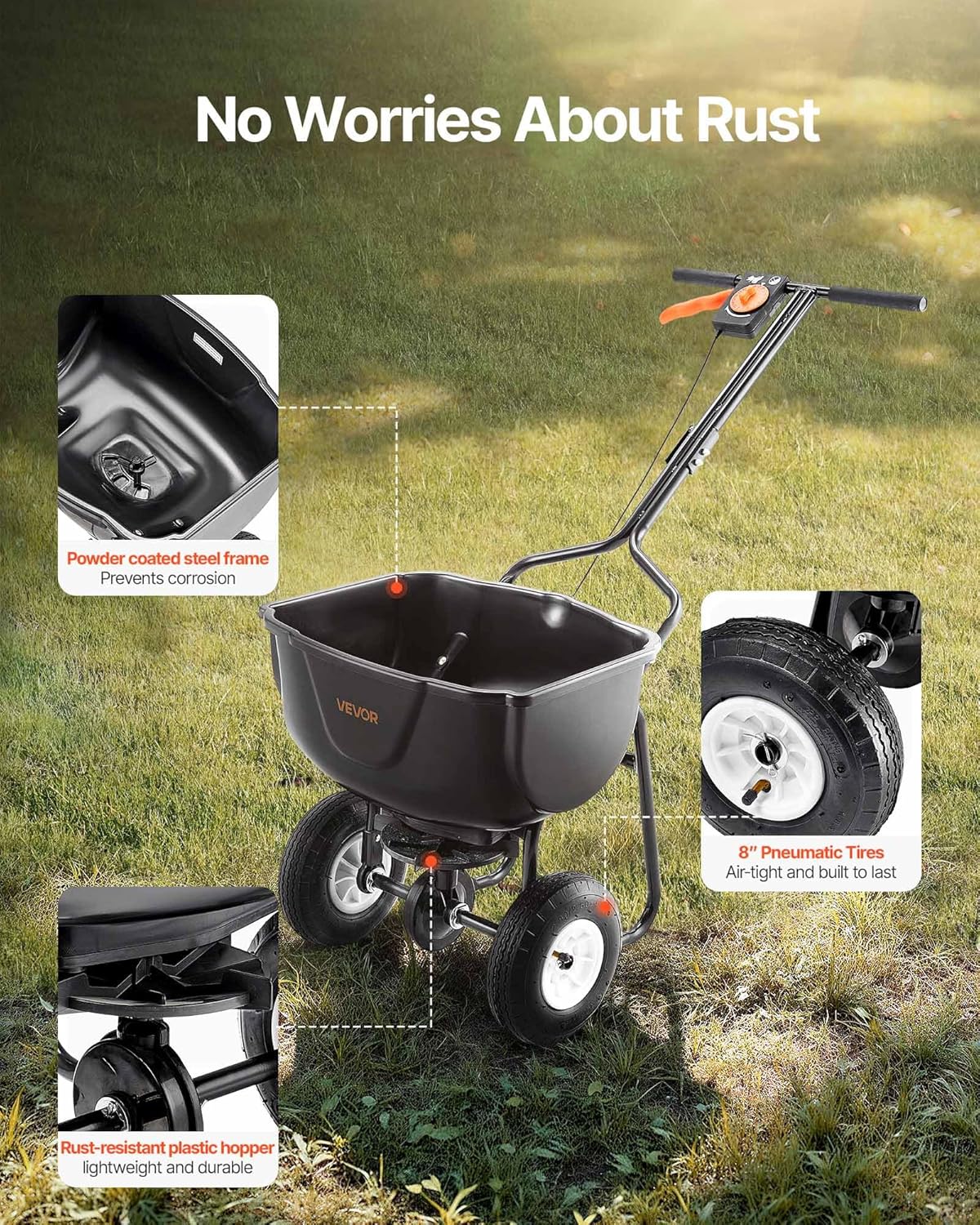 VEVOR Broadcast Spreader, 60LBS Capacity, Walk-Behind Push Spreader, 0-9.8 ft Spreading Width, 10 in All Terrain Pneumatic Tires, Lawn Spreaders with Hopper Grate, for Seed, Fertilizer, Salt, Ice Melt