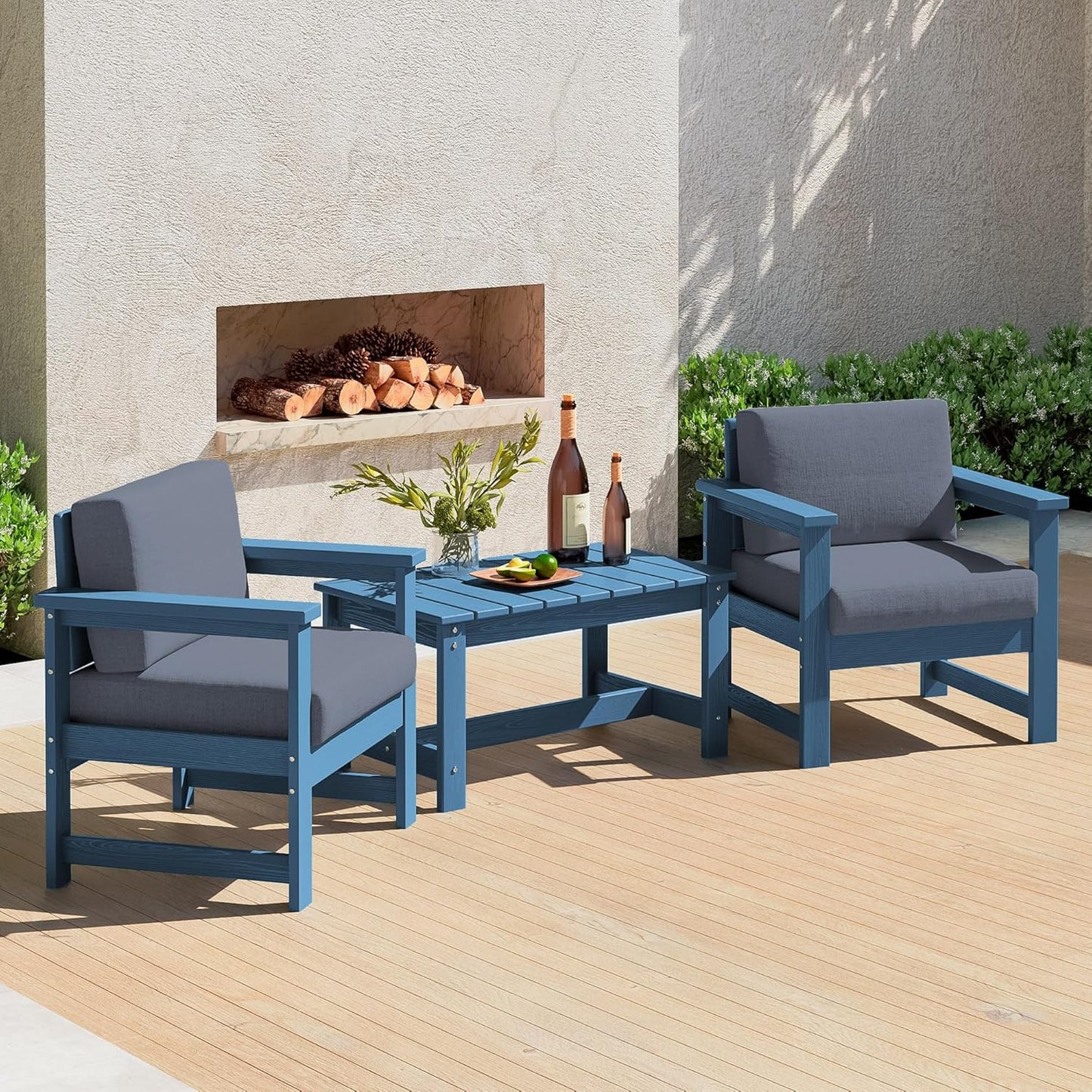 SERWALL 3 Pieces HDPE Outdoor Sofa Bistro Set with Cushions, Outdoor Furniture Sofa Sets with Coffee Table and Cushions, All Weather Conversation Social Set, Blue Frame and Grey Cushion