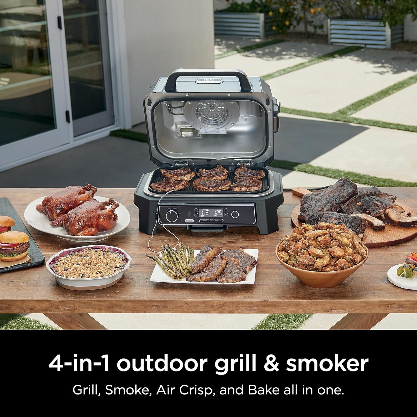 Ninja | Grill & Smoker | Outdoor Woodfire Pro XL | 4 in 1 Grill, BBQ Smoker, Air Fryer & Bake | Portable | Includes Built in Thermometer & 2 Woodfire Pellet Packs | Dark Grey | OG850