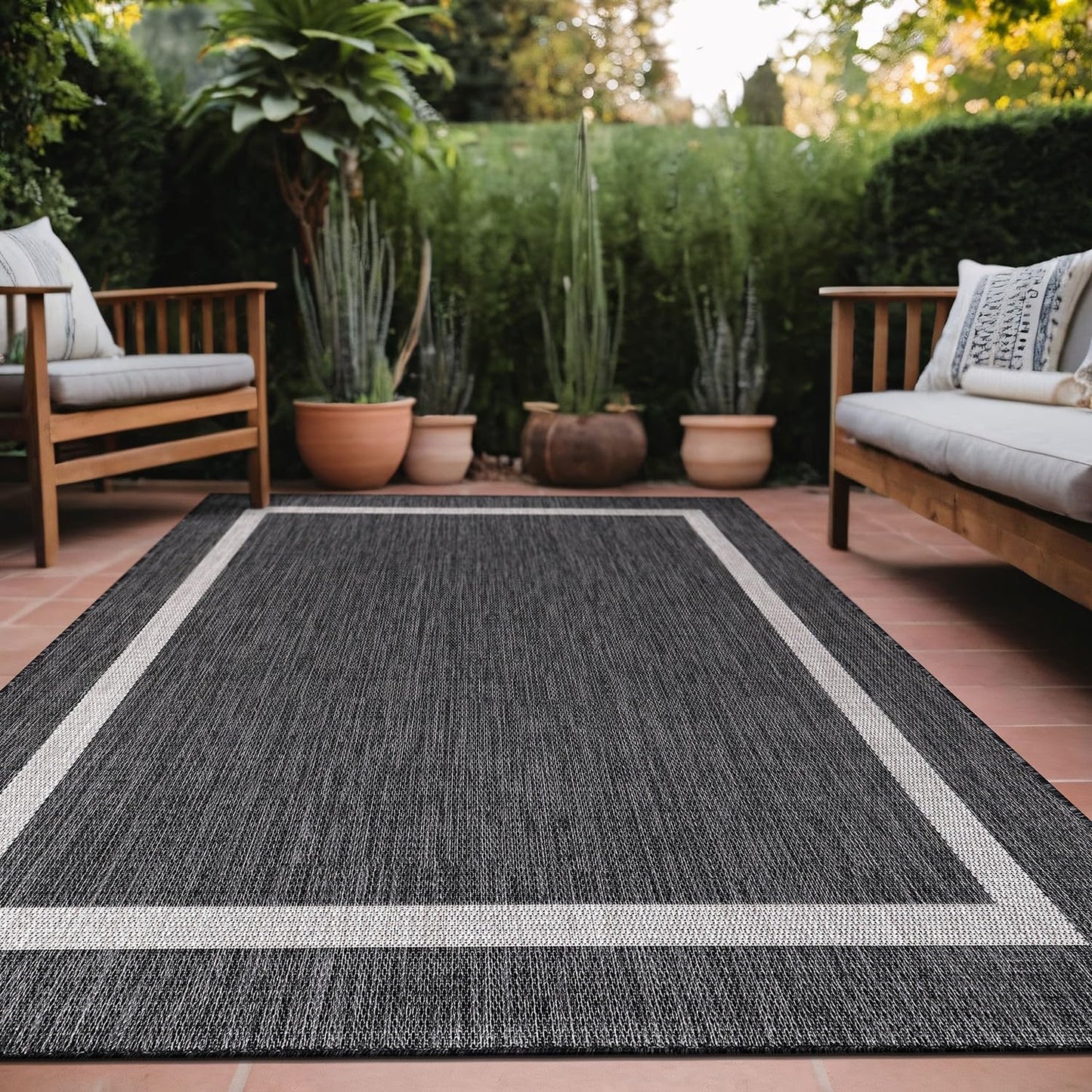 Bordered Outdoor Rug 5x7 Washable Outside Carpet for Indoor Patio Porch Waterproof Easy Cleaning Non Shedding Area Rugs Gray 5 x 7