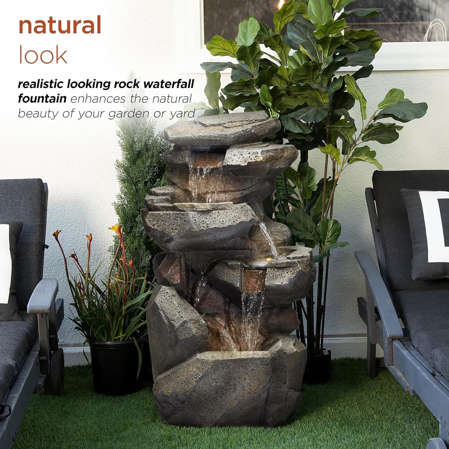 Alpine Corporation WIN1184 40" 3-Tier Outdoor Rock Waterfall Floor Fountain with Color-Changing LED Lights, Cascading Water Feature for Gardens, Patios, and Yards, Gray