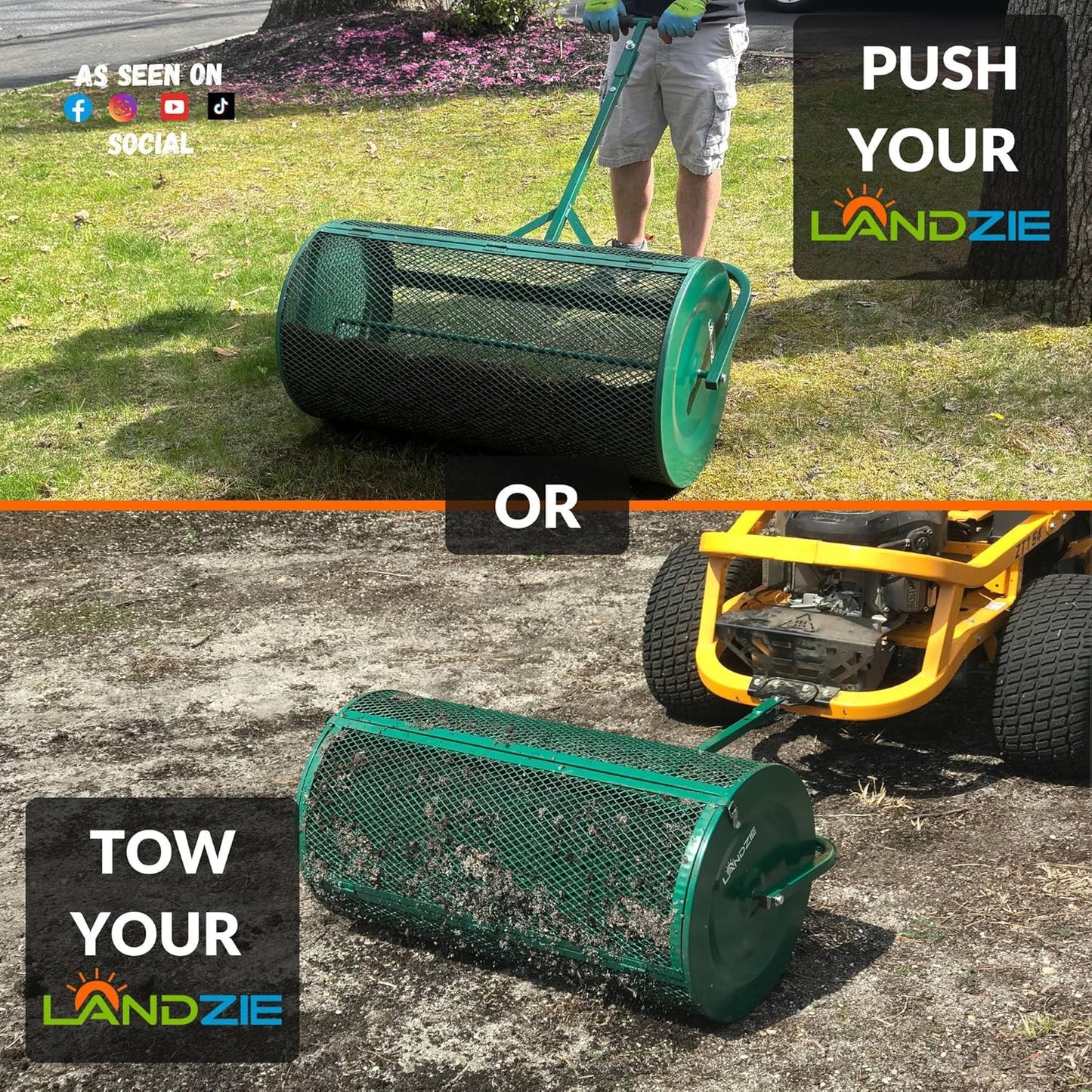 LANDZIE Lawn & Garden Spreaders - 36 Inch Heavy Duty Metal Mesh Basket Push/Tow Spreader - Compost, Peat Moss, Top Soil, Mulch - Durable Lightweight Multi-Purpose Yard Care Equipment - Manure Spreader