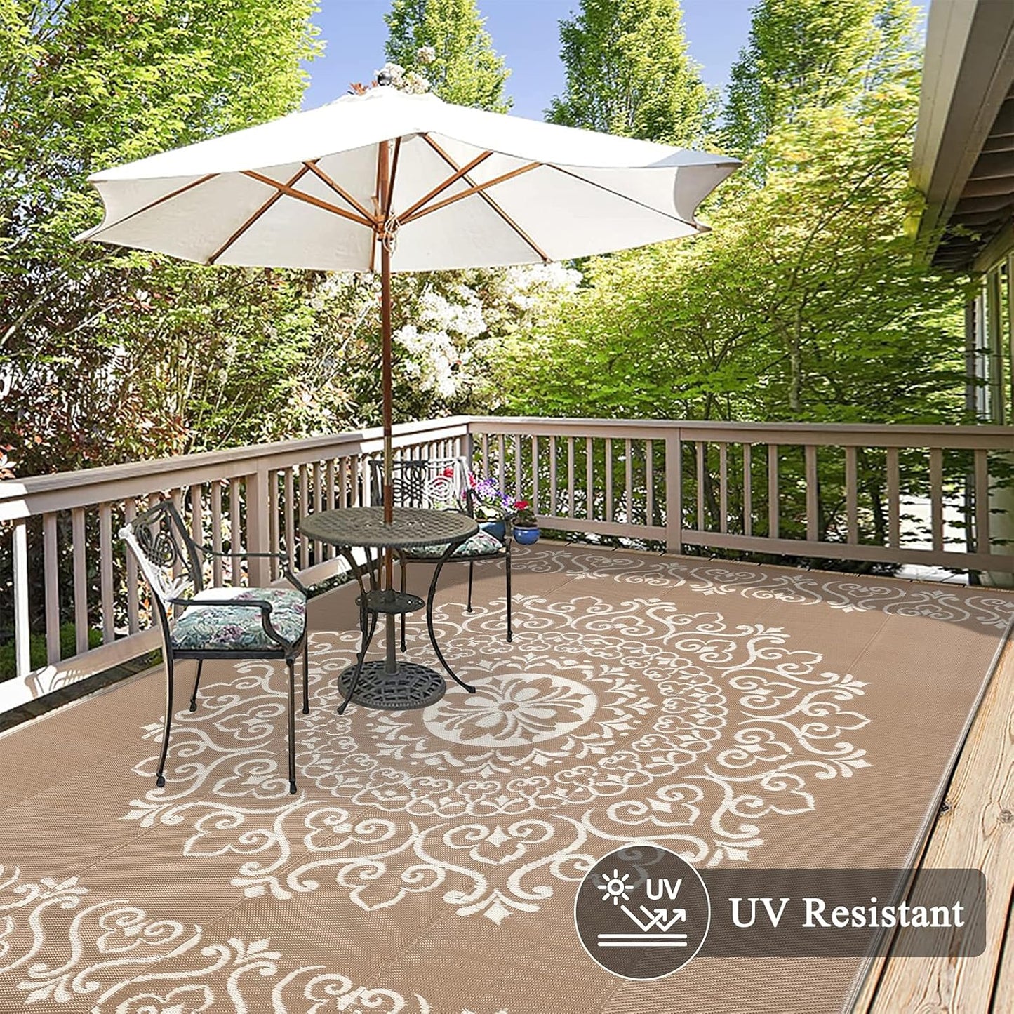 Pauwer Waterproof Outdoor Rug 6x9, Reversible Plastic Straw Patio Camping Rug, Indoor Outdoor RV Mat Carpet for Deck, Camper, Porch, Balcony, Backyard, Picnic, Floral Brown