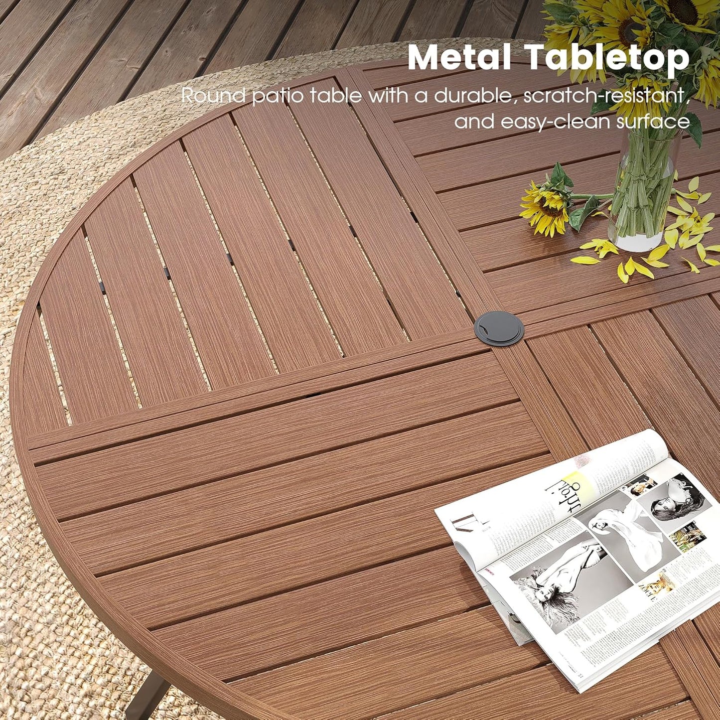 DIFY 47.2" Round Outdoor Patio Dining Table for 6, All-Weather Metal Steel Slatted Patio Table with 1.57" Adjustable Umbrella Hole, for Lawn Garden Porch Backyard, Walnut