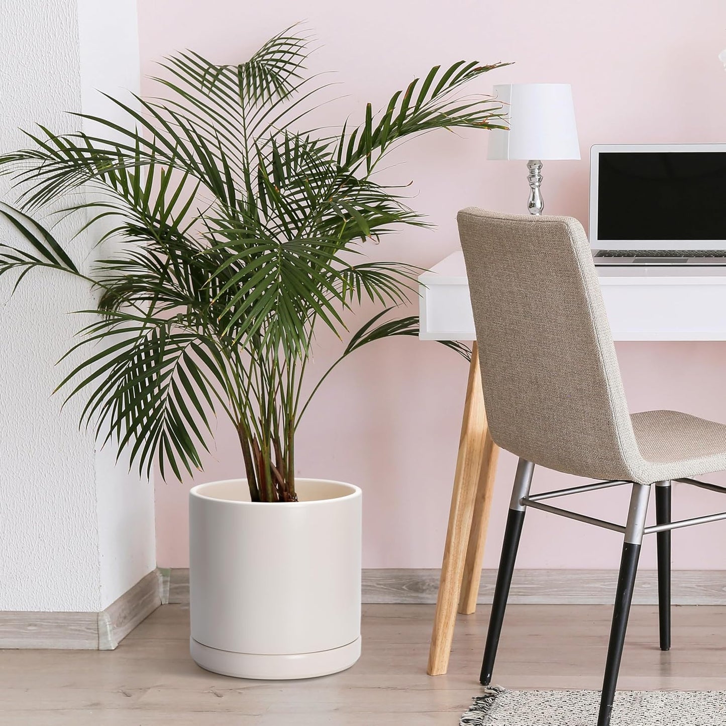 D'vine Dev 12 Inch Ceramic Planter Pot with Drainage Hole and Saucer, Indoor Cylinder Round Planter Pot, Oatmeal, 94-O-F-8