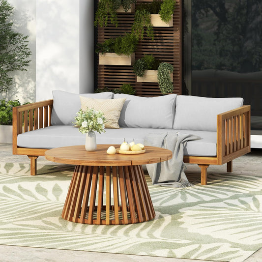 Christopher Knight Home Claremont Patio Sofa and Coffee Table Set, 2 Piece Outdoor Patio Furniture Set with Cushion, Acacia Wood 3 Seater Outdoor Sofa Daybed and Coffee Table Set, Teak+Light Grey