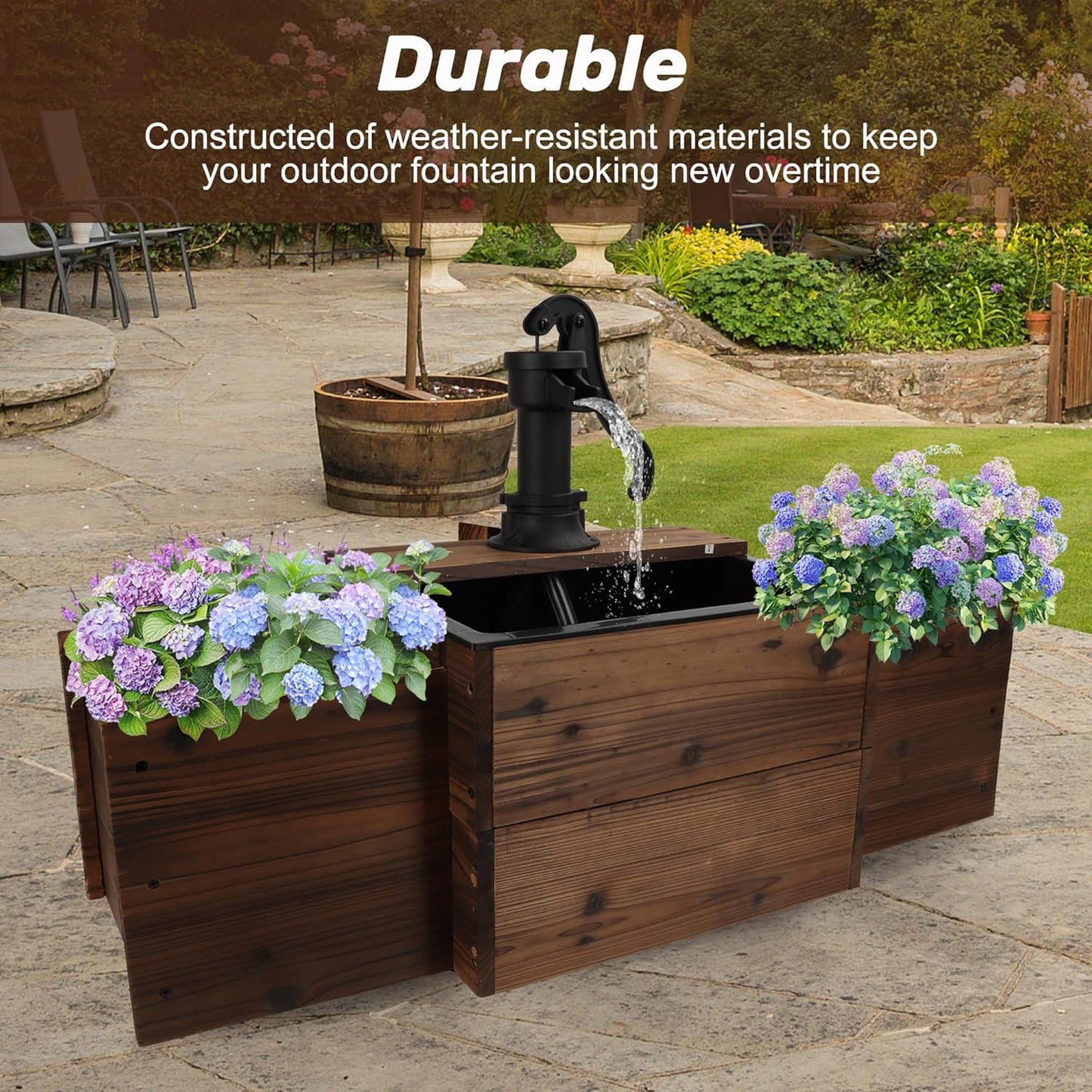 Outdoor Floor Wooden Rectangular Pump Water Fountain,Old-Fashioned Fountain with Flower Box,Electric Decorative Hand Pump, Outdoor Water Feature for Garden Patio Backyard