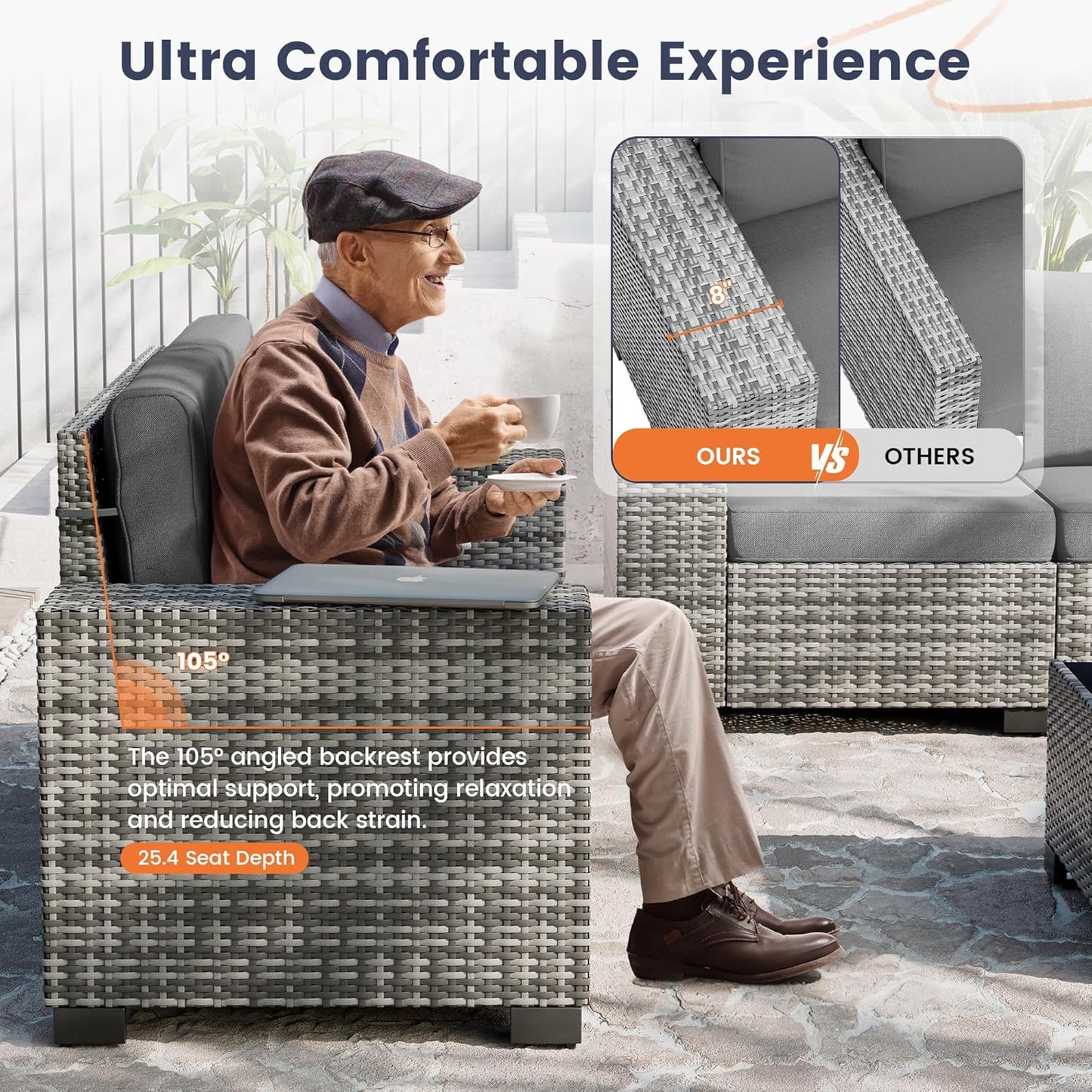 UDPATIO Patio Furniture Set with Fire Pit Table, 8 Inch Armrest Outdoor Sectional Sofa, 9 Piece Wicker Outdoor Furniture Conversation Sets with Waterproof Cover for Backyard Deck(Grey/Dark Grey)