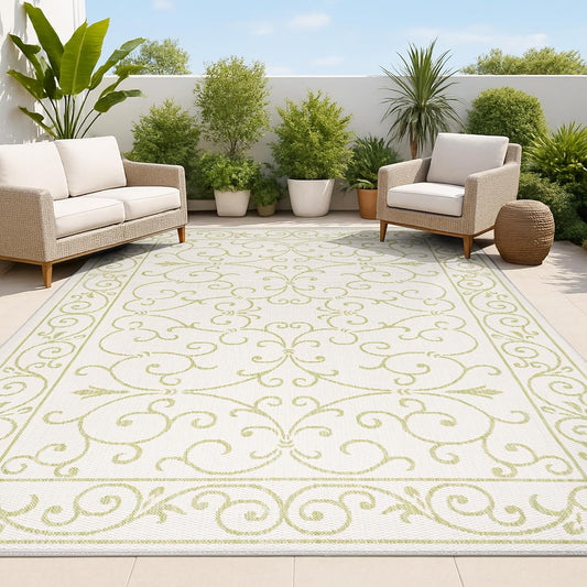 JONATHAN Y SMB106I-4 Charleston Vintage Filigree Textured Weave Indoor Outdoor Area Rug, Coastal,Traditional,Transitional Easy Clean,Bedroom,Kitchen,Backyard,Patio, Non-Shed, Cream/Green, 4 X 6