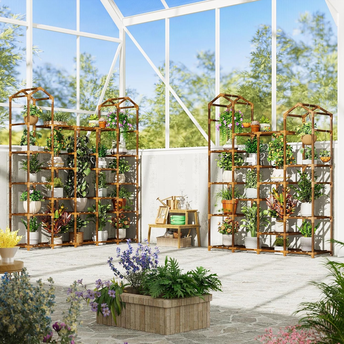 EnHomee Plant Stand Indoor Plant Stands Outdoor Tall Plant Shelf for 19-25 Pots Corner Tiered Plants Stands for Multiple Plants Wood Hanging Plants Holder for Garden Balcony Patio Window Porch