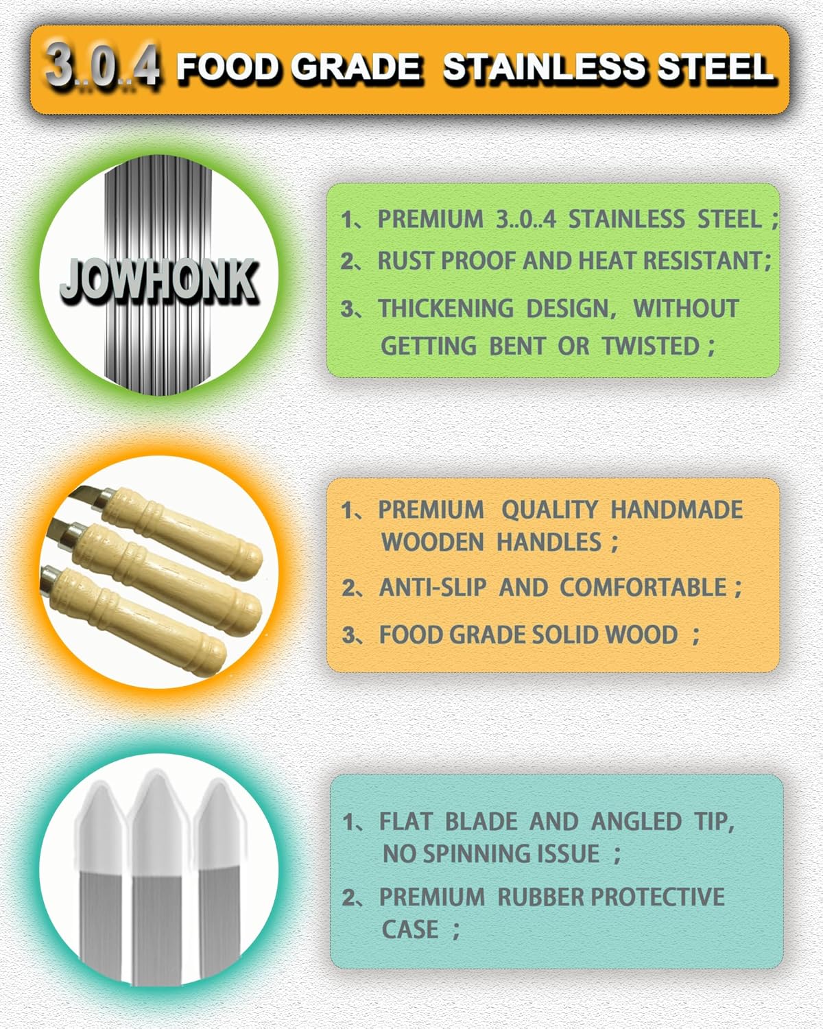 23.5" Long 304 Stainless Steel Skewers for Kabobs with Wood Handle,Heavy Duty Wide Flat Metal Kebab Skewer,Kabob Skewers for Grilling,BBQ Barbecue Skewer Reusable for Outdoor Grill（6 PCS）