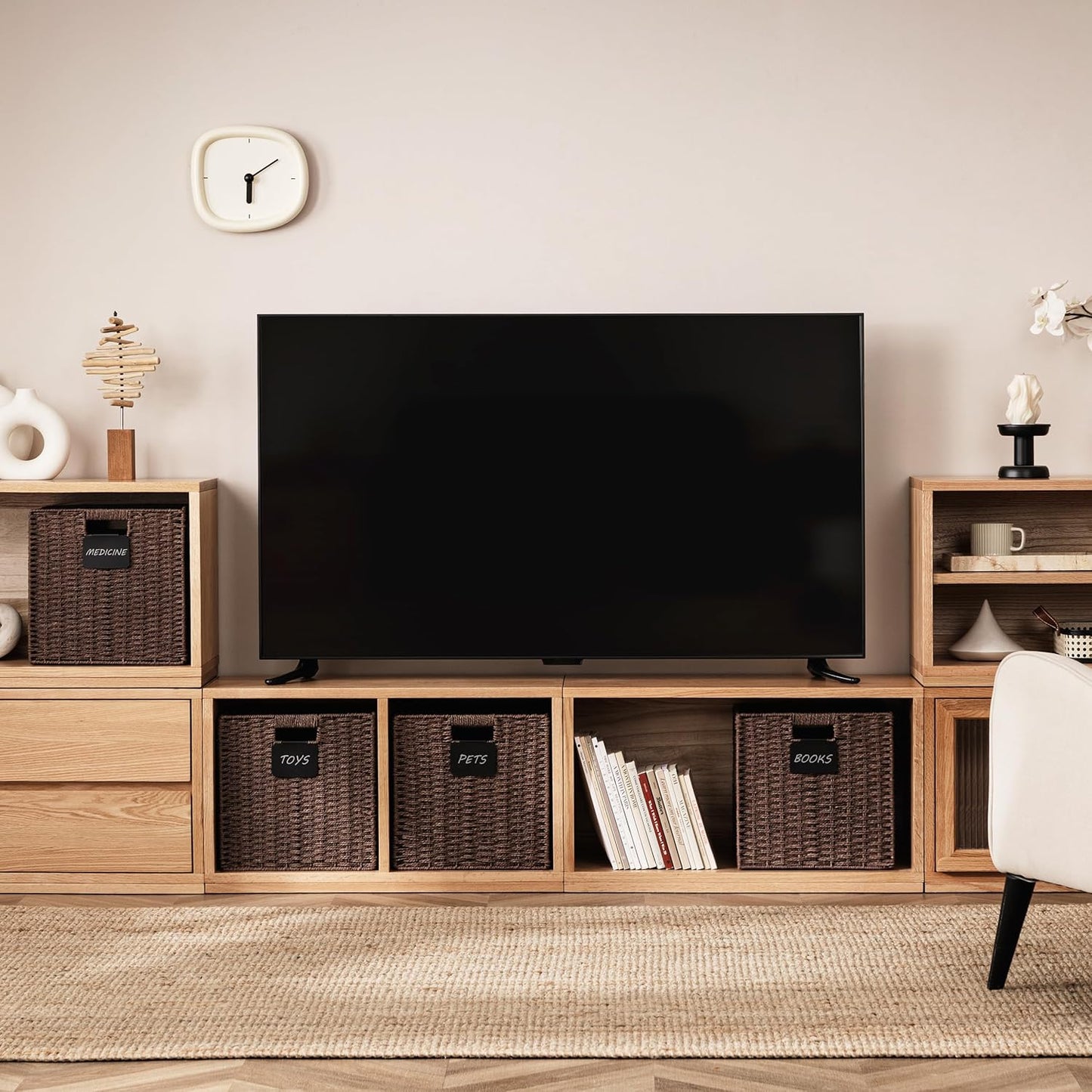 UBBCARE 2 Pack Wicker Basket, 13×13 Storage Cubes with Label, Foldable Cube Storage Bin with Handle, Square Storage Basket for Shelves, Woven Paper Rope Basket for Organizing, Brown