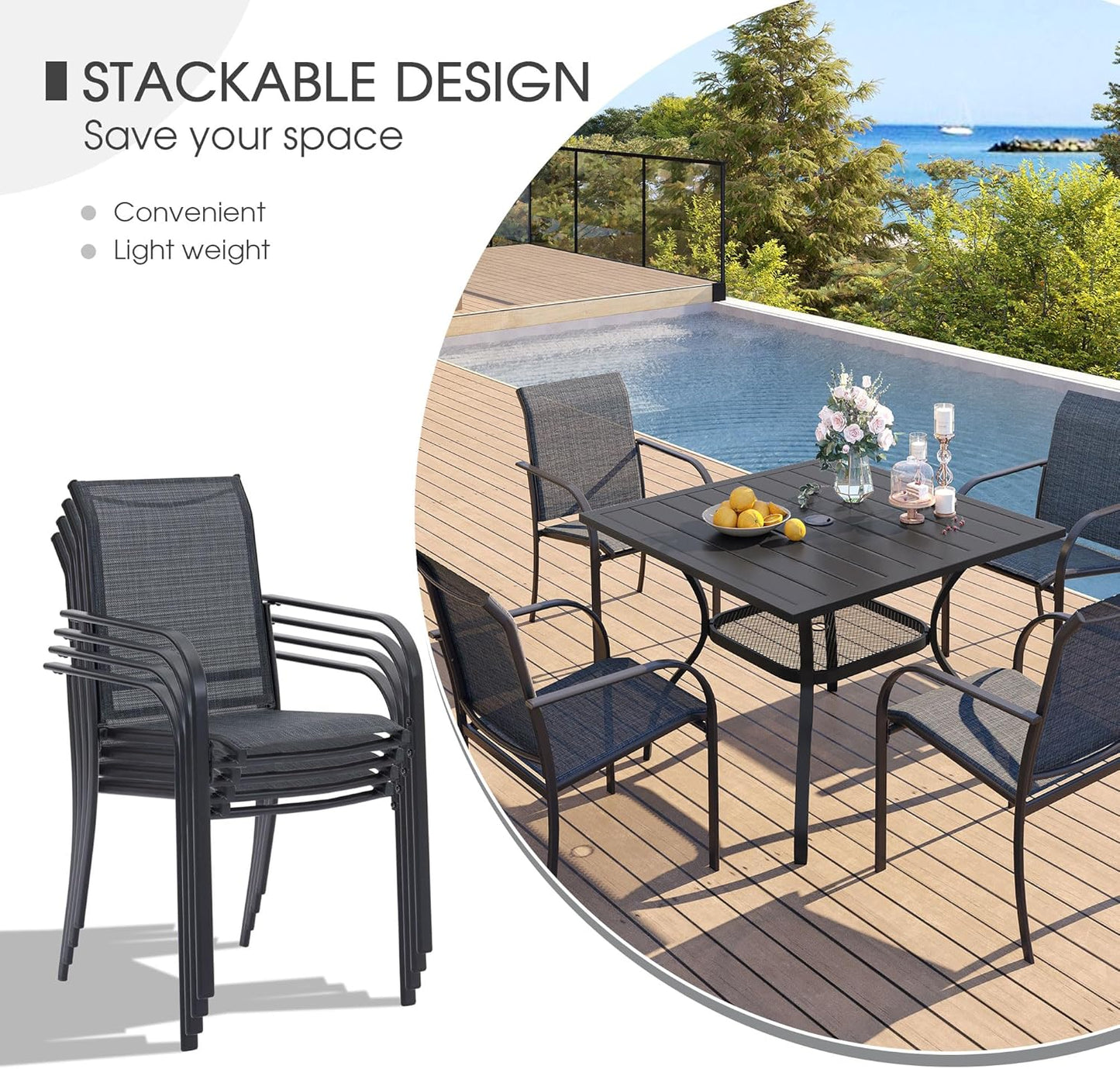 VICLLAX Patio Dining Set for 6, Outdoor Furniture Set Includes 47.2" Round Patio Table and 6 Patio Sling Chairs, Black Tabletop and Grey Fabric