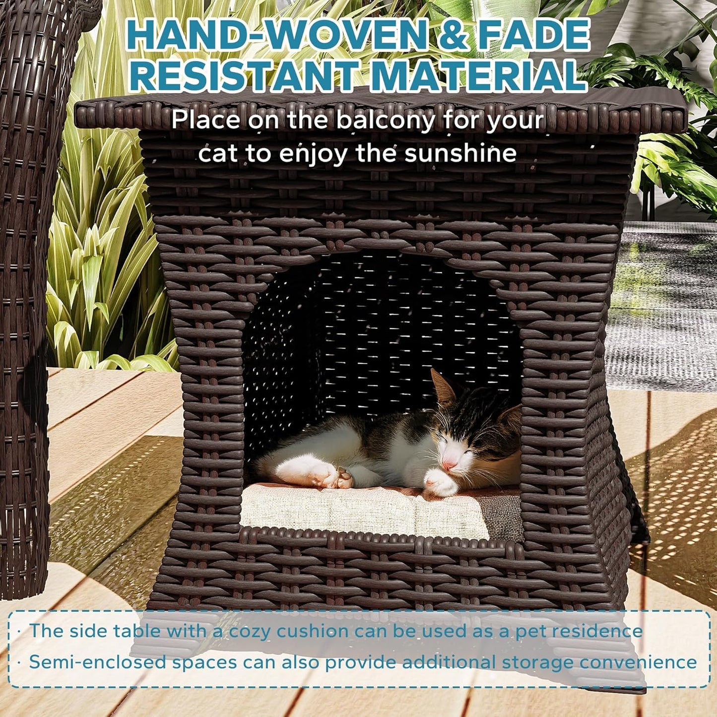 Patio PE Rattan Chairs Set of 2 with Cat Nest End Table, All-Weather & Steel Frame Outdoor Conversation Furniture Set with Washable Cushions for Garden, Bistro, Deck, Yard (Navy Blue)