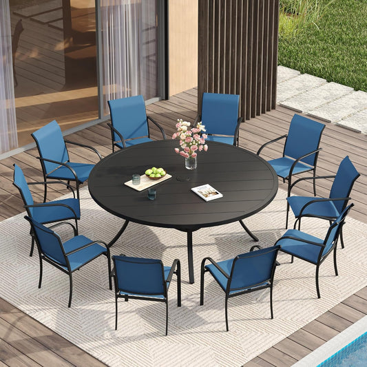 VICLLAX 11 Pieces Patio Dining Set for 10, Outdoor Furniture Set Includes 60" Round Outdoor Table and 10 Lawn Stackable Chairs, Black Tabletop and Blue Fabric