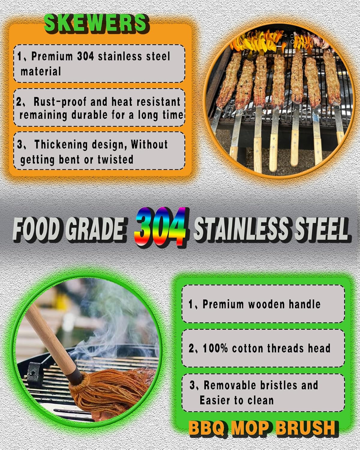 27" 304 Stainless Steel Skewers for Grilling,1 Inch Wide Extra Large Skewers for Kabobs with Wooden Handle,Metal Flat Barbecue Skewer Make Koobideh Brazilian-BBQ Skewer(4),BBQ Mop Brush(1)