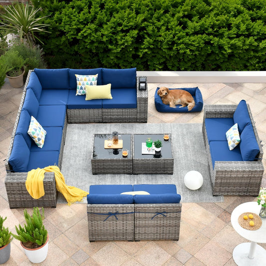 ovios 12 Pieces Patio Furniture Set, Outdoor Wicker Sectional Sofa with Glass Table Comfy Cushions, Modern Modular Deep Seat Couch Rattan Conversation Set, Navy Blue