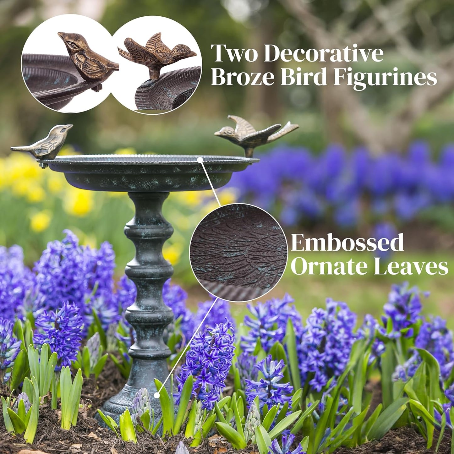 Evergreen Hummingbird Metal Bird Bath Bowl with Stand - Heavy Duty, Ground Standing Bird Bath and Feeder for Garden, Yard, Deck