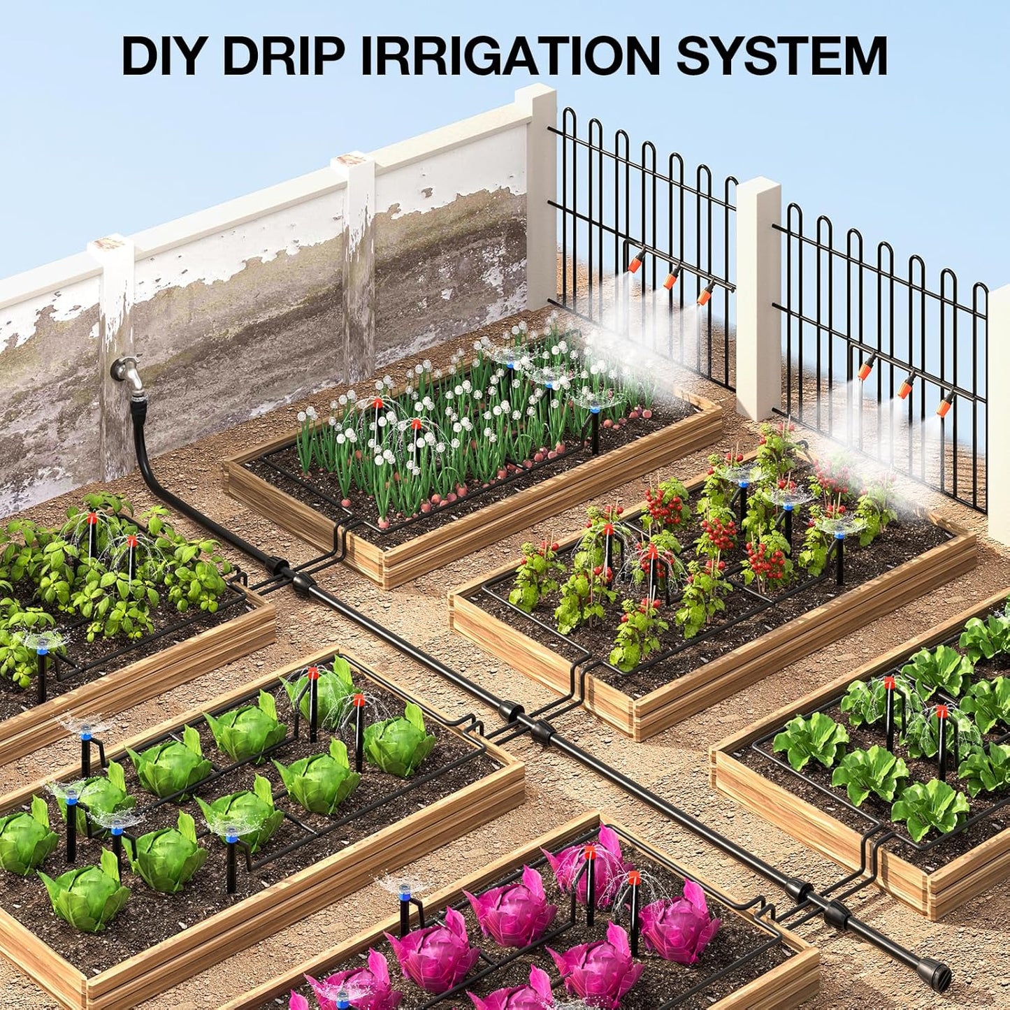 MIXC 226FT Greenhouse Micro Drip Irrigation Kit, Automatic Patio Plant Watering System with 1/4" & 1/2" Tubing, Adjustable Nozzles, Emitters, & Barbed Fittings for Efficient Irrigation