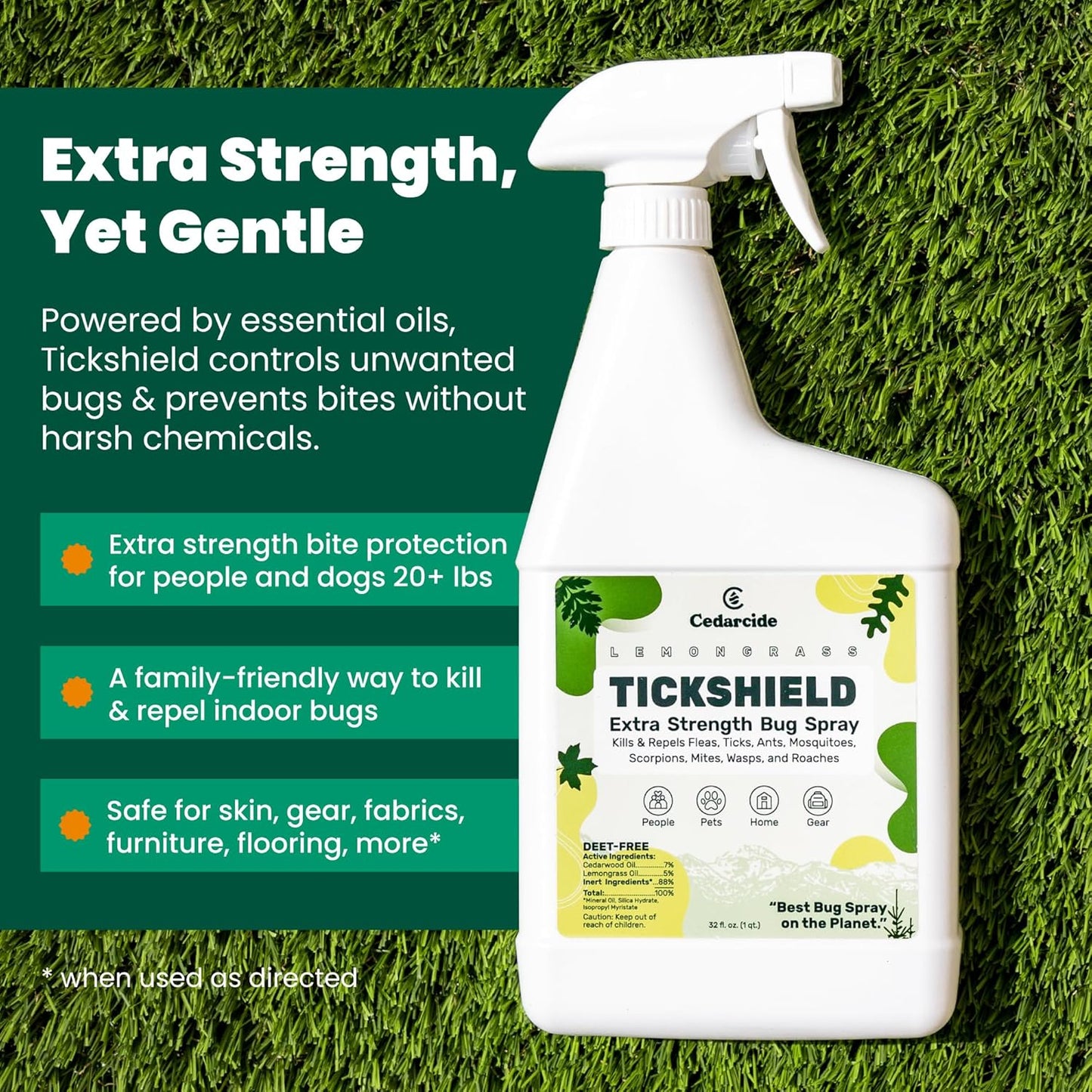 Cedarcide Extra- Strength Tickshield | Deep Woods Cedar Oil Tick & Mosquito Repellent Spray Kills & Repels Ticks, Fleas, Chiggers and Mosquitoes| For People & Pets | Natural Essential Oils | Quart