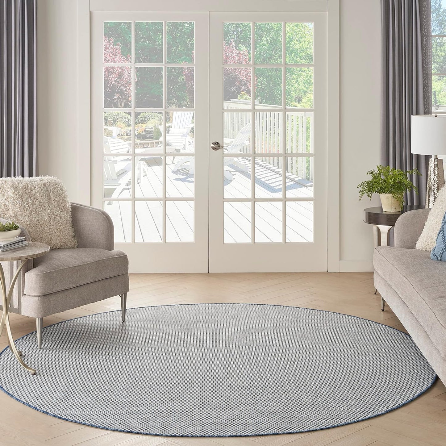 Nourison Home Courtyard 8' x Round Ivory Blue Fabric Modern Area Rug (8' Round)