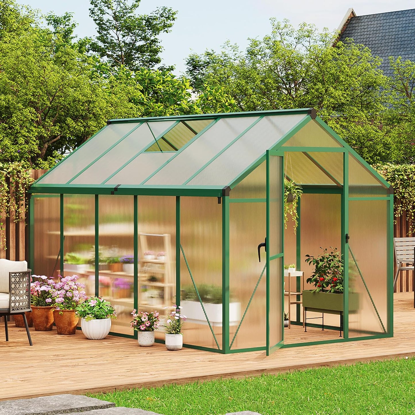 6 x 10 FT Greenhouse, Greenhouses for Outside, Polycarbonate Greenhouse with Aluminum Frame, Lockable Door and Ajustable Roof Vent for Backyard, Green Houses for Outside Garden Backyard, Patio