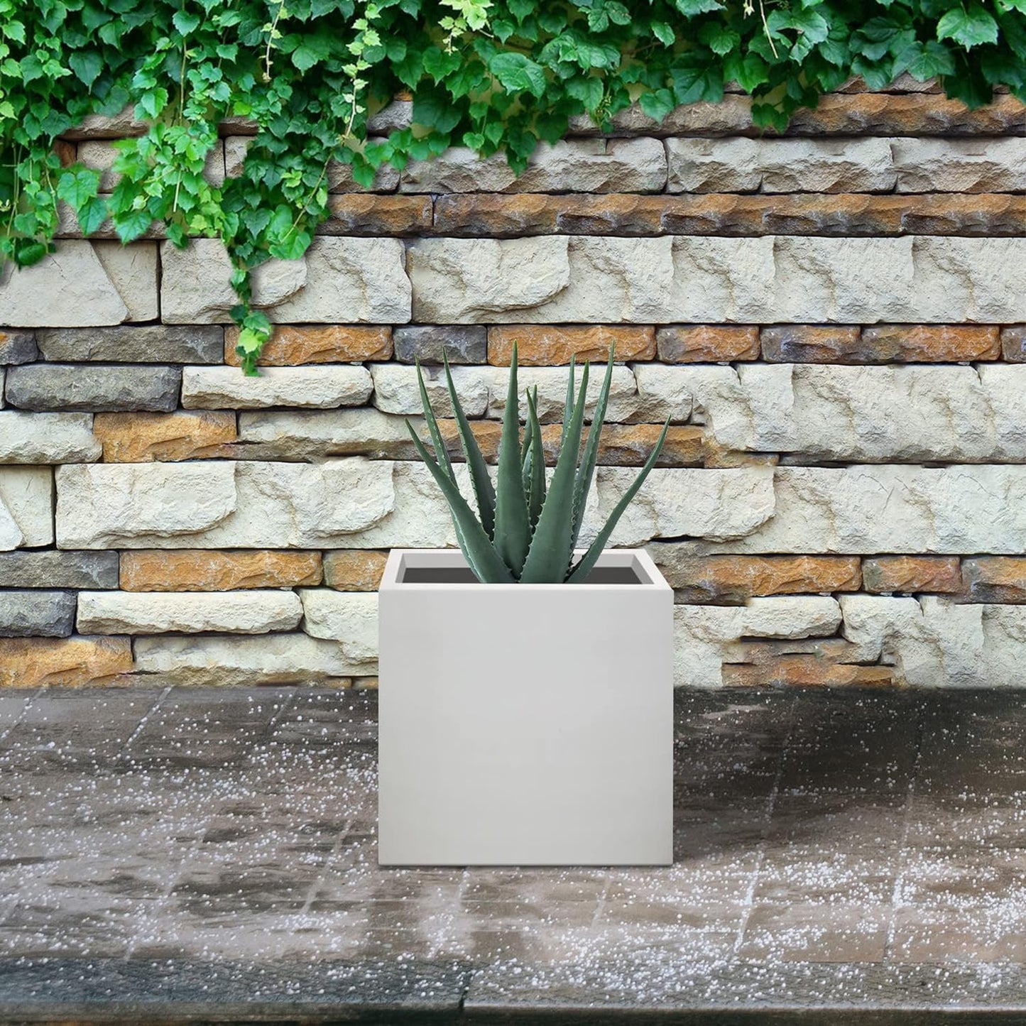 Kante 12 Inch Square Concrete Planter for Outdoor Indoor Home Patio Garden, Large Plant Pot with Drainage Hole and Rubber Plug, Pure White