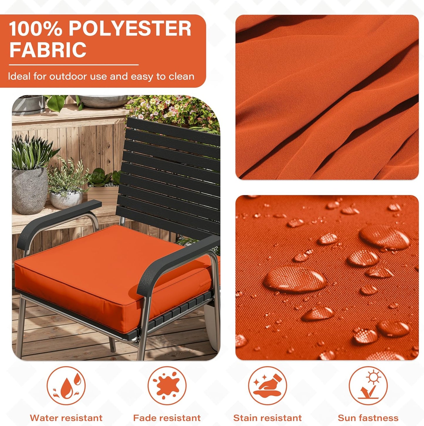 Patio Chair Cushions 22 X 22 X 4 Inch Waterproof Outdoor Seat Cushions for Patio Furniture, Outdoor Sofa Couch Pads with Ties & Handle, Set of 2, Orange