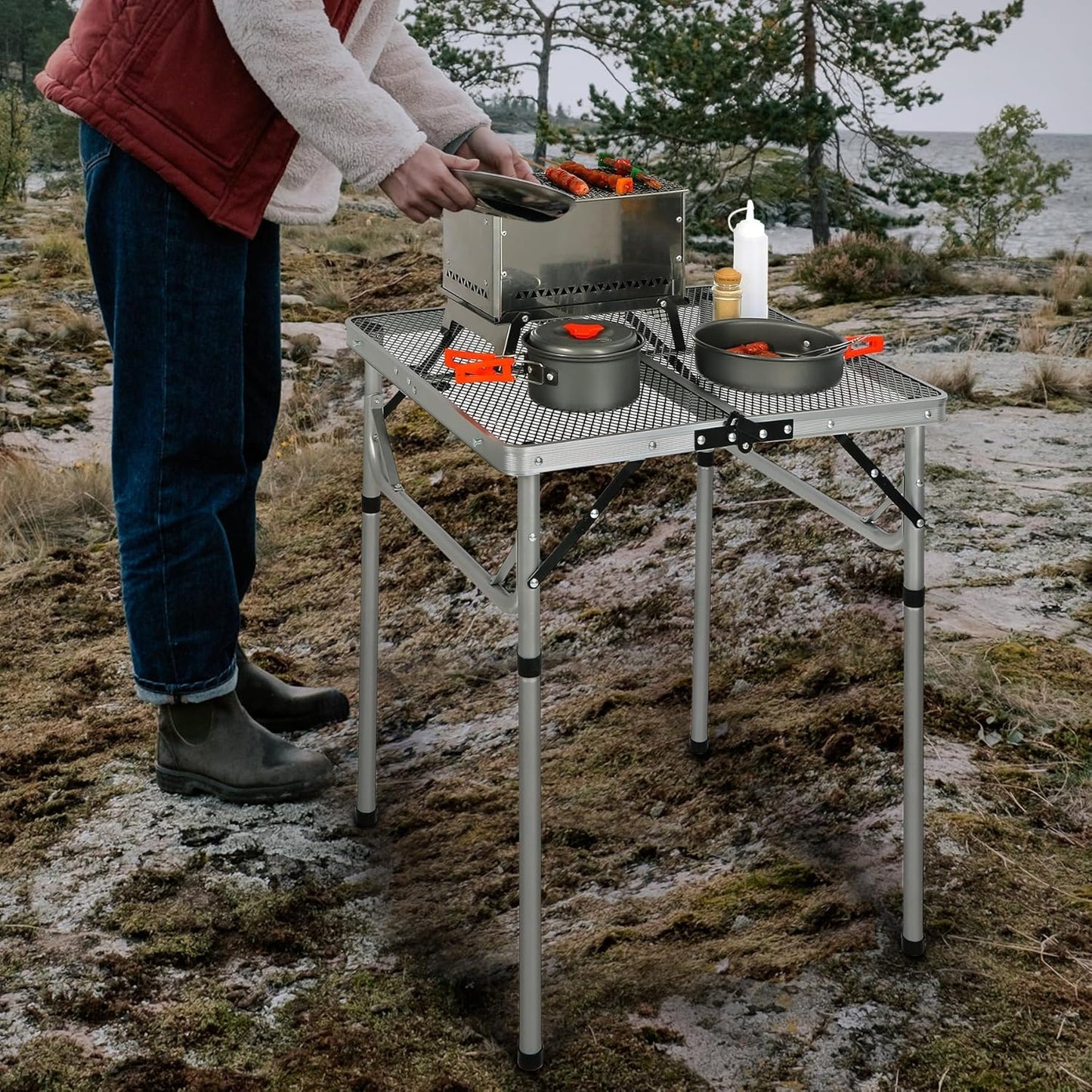RedSwing Portable Grill Table for Outside, Aluminum Folding Grill Stand Table for Outdoor Camping Picnic BBQ, Lightweight Adjustable Height, 24"x24"x9.8"/27" Sliver