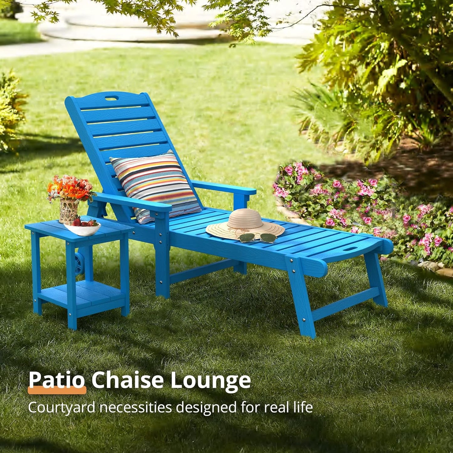 LUE BONA Outdoor Chaise Lounge Chairs Set of 2, 79'' Oversized HDPS Chaise Lounger, 5 Positions Adjustable Lounge Chairs, Pool Lounge Chair with Wheels for Poolside,3 Year Warranty, Blue