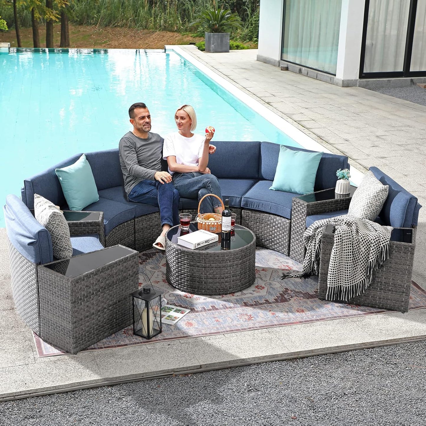 SUNSITT Outdoor Patio Furniture 11-Piece Half-Moon Sectional Round Patio Furniture Set Curved Outdoor Sofa with Tempered Glass Round Coffee Table, 4 Pillows, Grey Rattan & Denim Blue Cushion