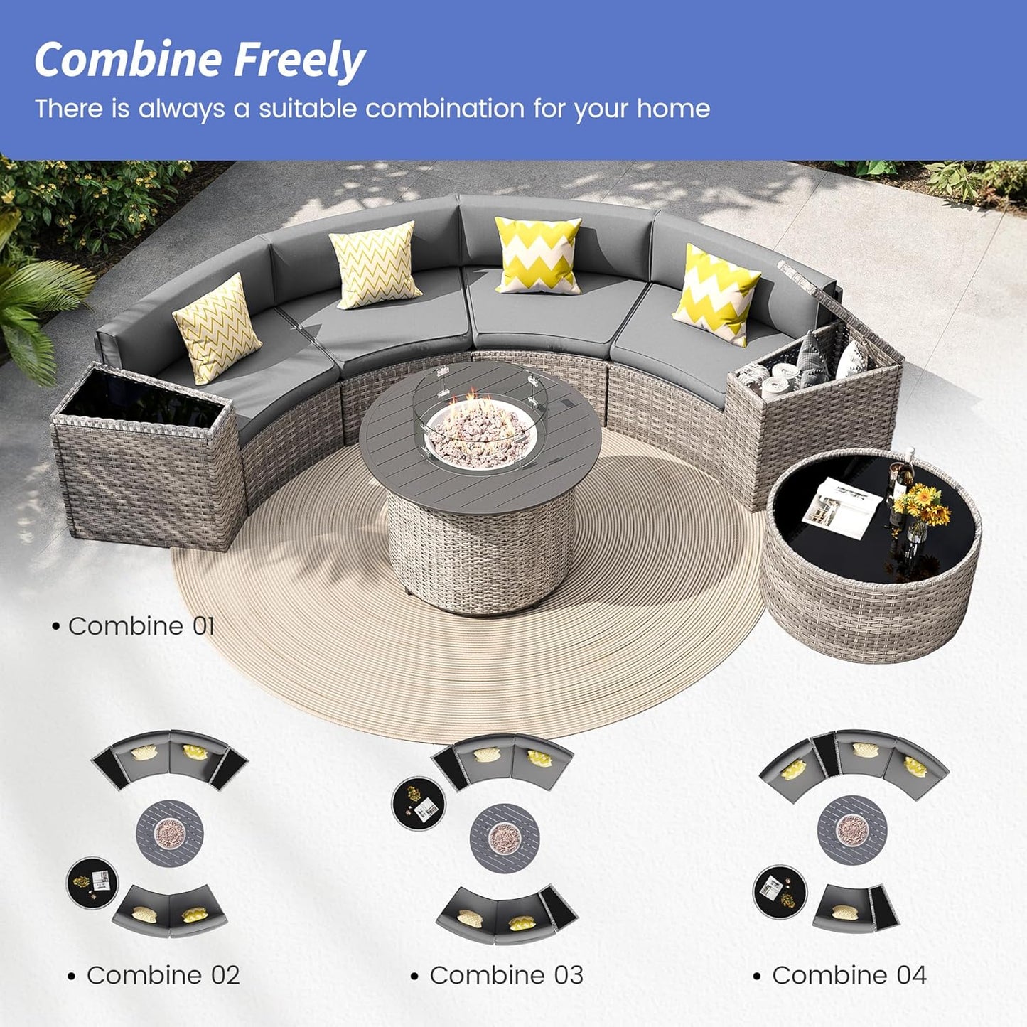 Patio Sectional Furniture Outdoor 12-Piece Grey Rattan Curved Sofa Set with Fire Pit Table,Storage Table,Pillows,Fit for Pool Backyard Balcony Porch Lawn (Grey)