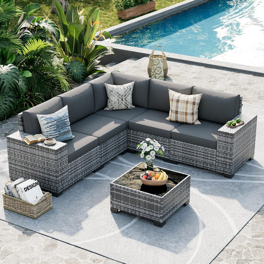UDPATIO Patio Furniture Set, 8 Inch Armrest Outdoor Sectional Sofa, 6 Piece Wicker Outdoor Furniture Conversation Sets with Waterproof Cover and Coffee Table for Backyard Deck(Grey/Dark Grey)