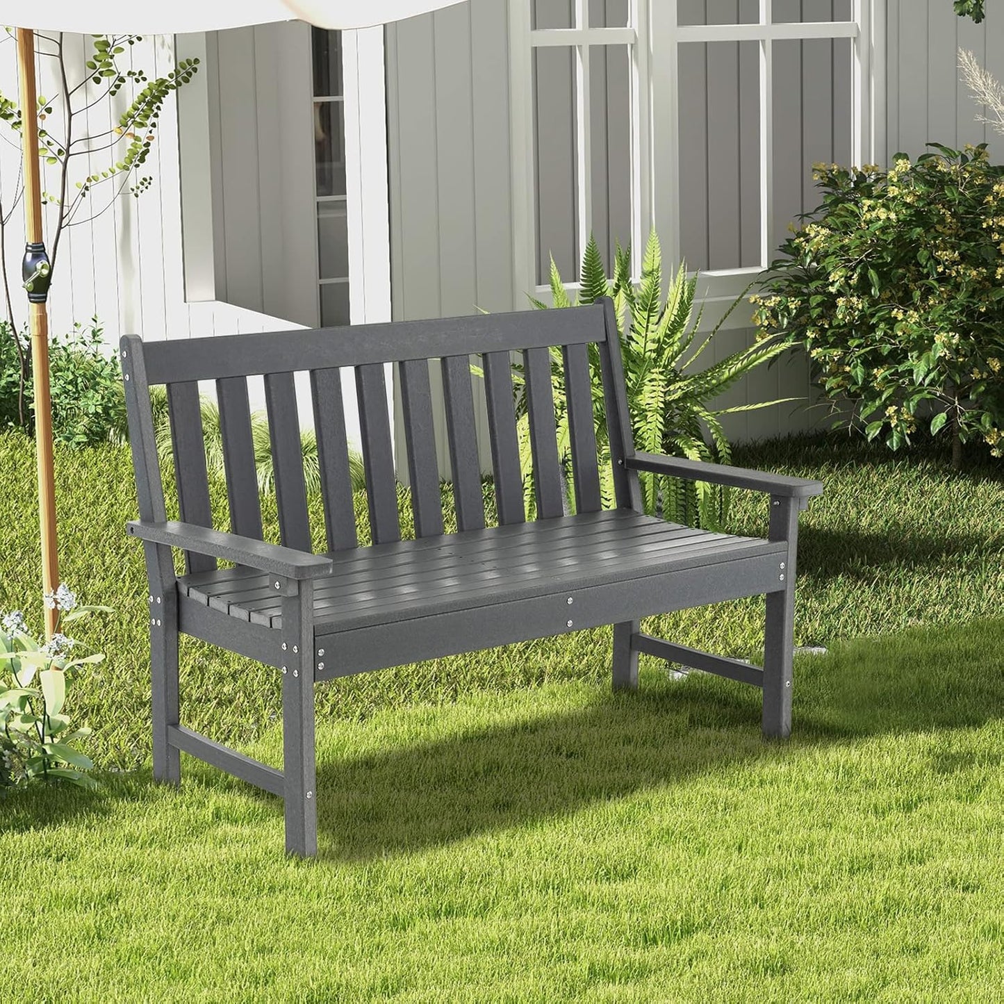 Giantex Outdoor Bench, 52-Inch Outside Bench All-Weather HDPE Park Bench with Backrest and Armrests, 705 lbs Weight Capacity, 2-Person Slatted Patio Bench for Porch, Yard, Lawn, Garden Bench (Grey)