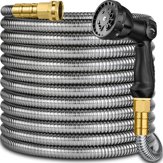 Metal Garden Hose 100 ft - Stainless Steel Garden Hose Leak-Proof with Layer Latex Core - 2025 Version/New Patented,Lightweight, Durable Hoses with Nozzles - Less-Kink Flexible Metal Water Hose