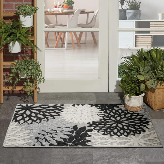 Nourison Home Aloha Indoor/Outdoor Black White 3' x 5' Area Rug, Easy Cleaning, Non Shedding, Bed Room, Living Room, Dining Room, Kitchen (3x5)