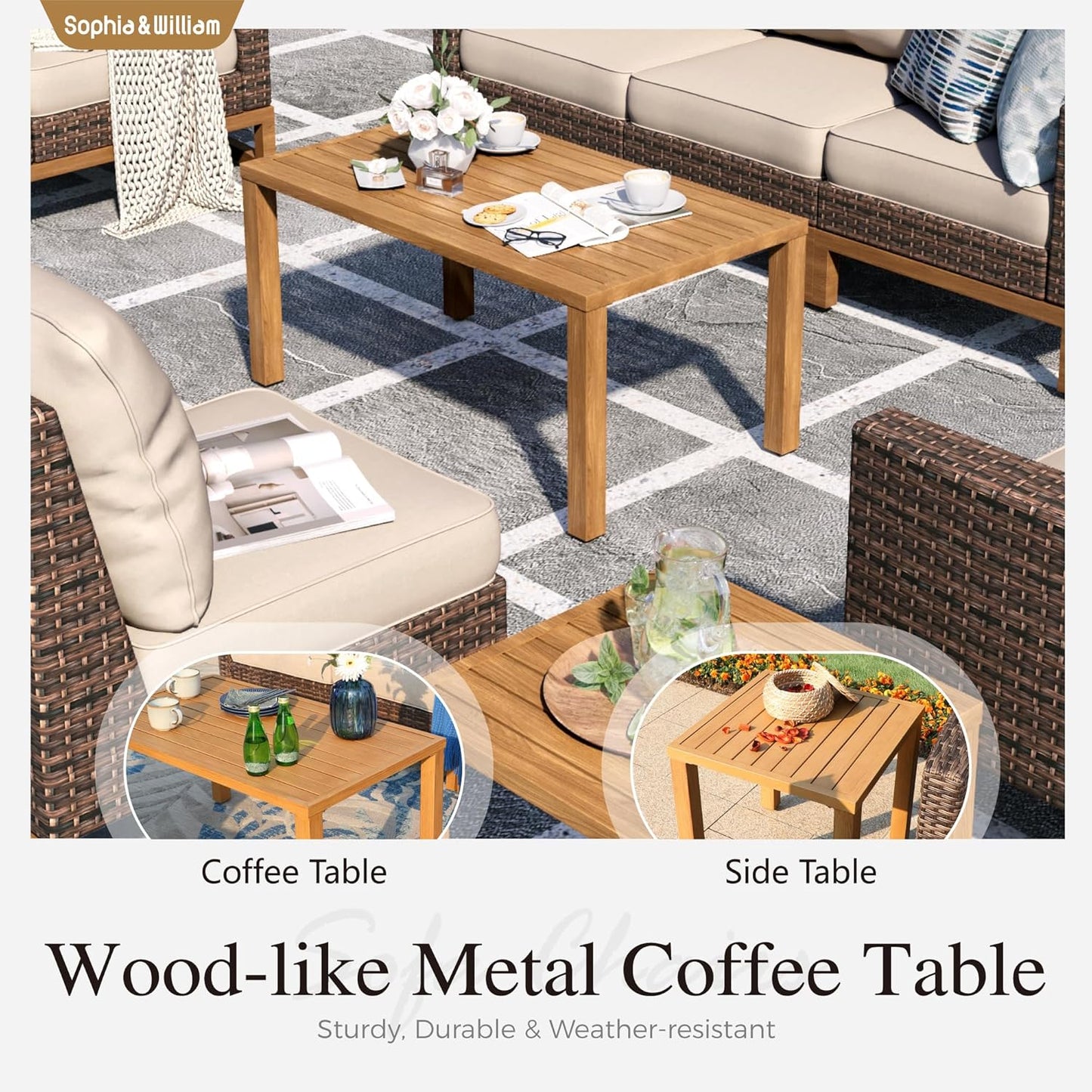 Sophia & William Large Patio Furniture Set, 8 Piece Luxury Rattan Outdoor Sectional Furniture Set, Patio Conversation Set with 3 Armless Sofa, 2 Corner Sofa, 2 Single Sofa, 2 Coffee Table(Beige)