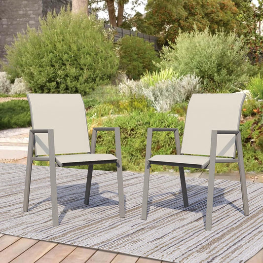 Outdoor Patio Chairs Set of 2, Ivory Beige Stackable Outdoor Chairs, Lightweight Patio Set with High Back, Metal Dining Chair for Lawn, Garden, Yard and Deck