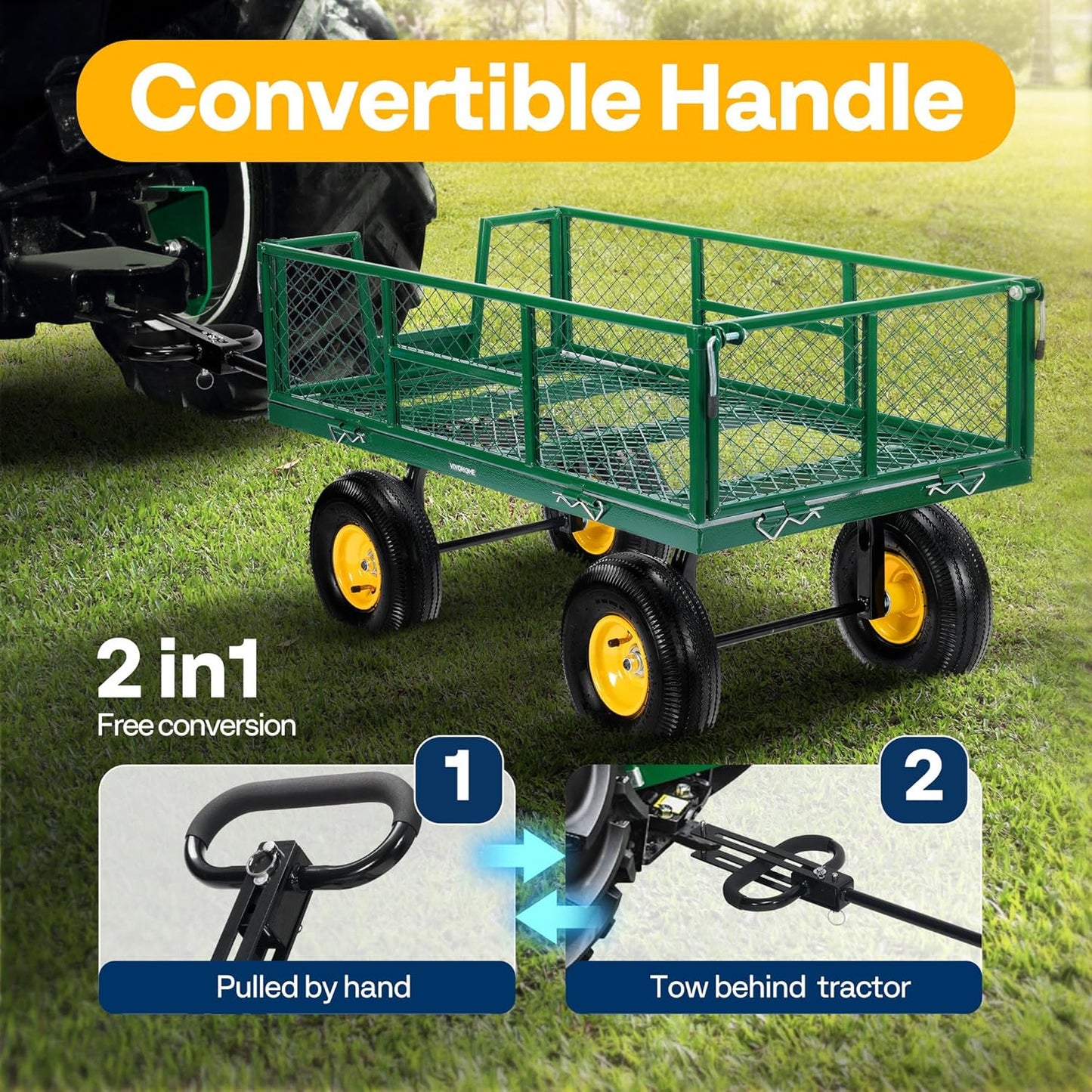 VIVOHOME Garden Cart Steel Heavy Duty 900 LBS Yard and Garden Wagon with 10 inch Tire and Handle Attach to ATV or Tractor Green