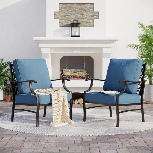 Metal Patio Chairs Set of 2 with 5.75" Extra Thick Cushion, 2 Pieces High Back Outdoor Patio Chairs All Weather Outdoor Furniture Seating for Deck Backyard Balcony Front Porch, Navy