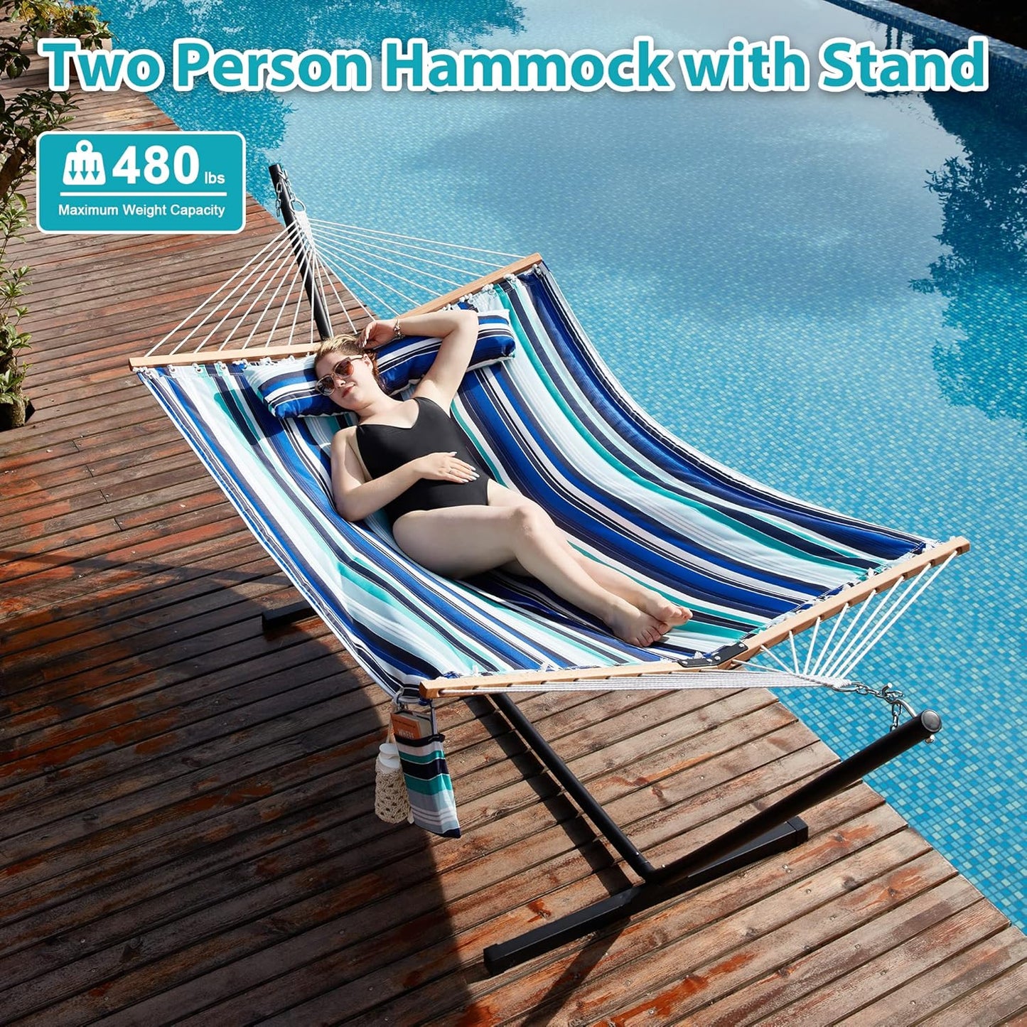 Two Person Hammock with Stand Heavy Duty, Outdoor Patio Hammock with Portable Steel Stand, Large Double Hammocks,480lbs Capacity.(Blue Stripes)