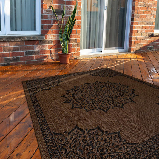 CAMILSON Outdoor Rug, Modern Area Rugs for Indoor and Outdoor Patios, Kitchen and Hallway mats, Washable Porch Deck Outside Carpet (6 x 9, Medallion Nut Brown)