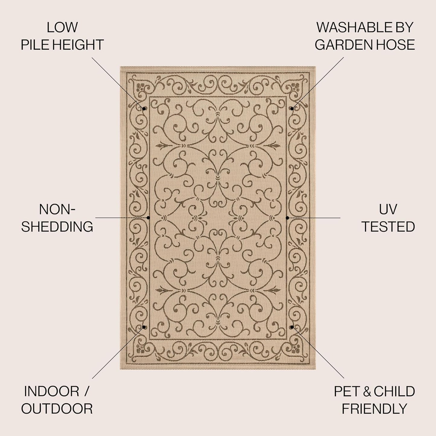 JONATHAN Y SMB106A-8 Charleston Vintage Filigree Textured Weave Indoor Outdoor Area Rug Classic Coastal Easy Cleaning Bedroom Kitchen Backyard Patio Non Shedding, 8 X 10, Beige/Brown