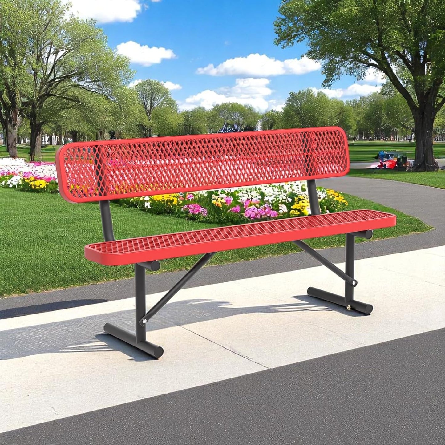 Heavy Duty Park Bench with Back Portable Frame, Outdoor Steel Bench with Backrest, Outdoor Park Bench Expanded Metal Mesh Bench for Lawn, Park, Deck, Garden, Patio, Porch, Black (Red, 8FT)