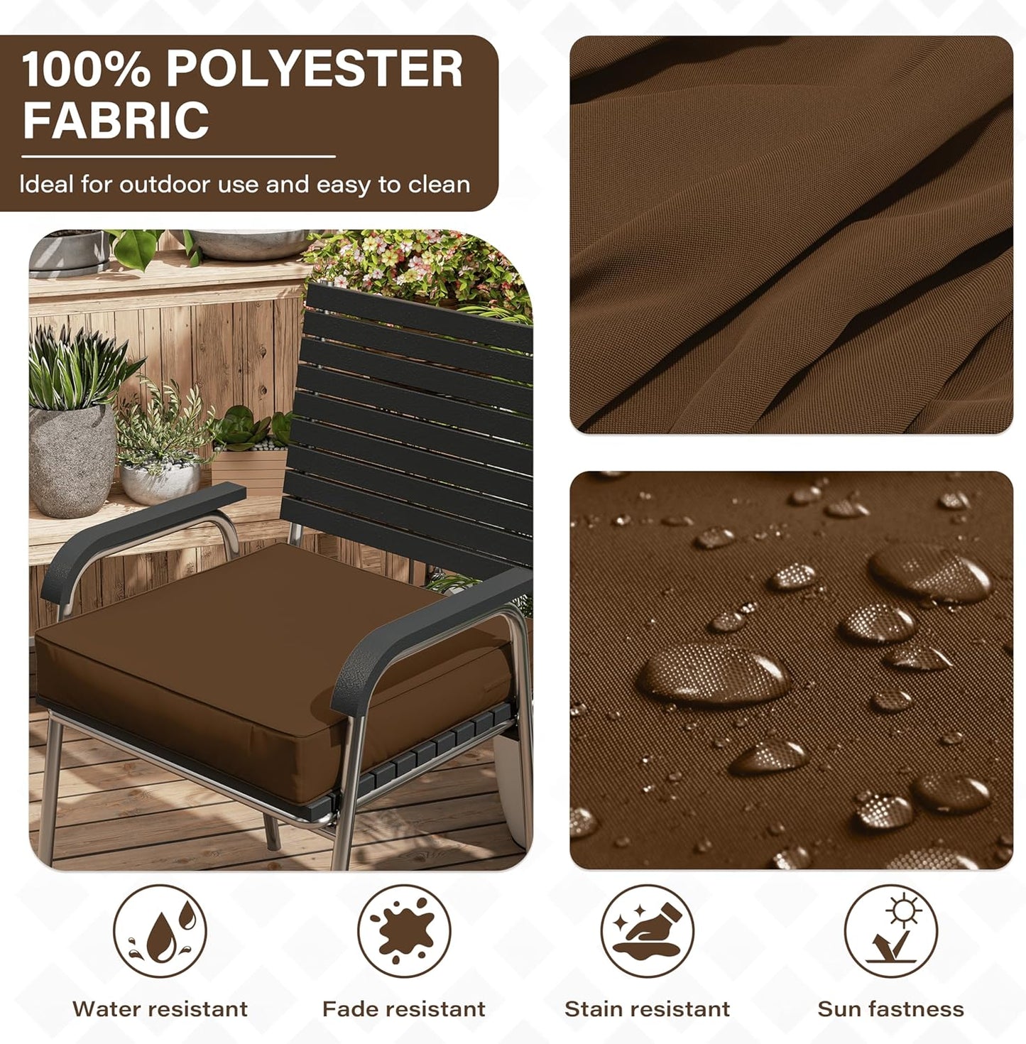 Patio Chair Cushions 22 X 22 X 4 Inch Waterproof Outdoor Seat Cushions for Patio Furniture, Outdoor Sofa Couch Pads with Ties & Handle, Set of 2, Chocolate