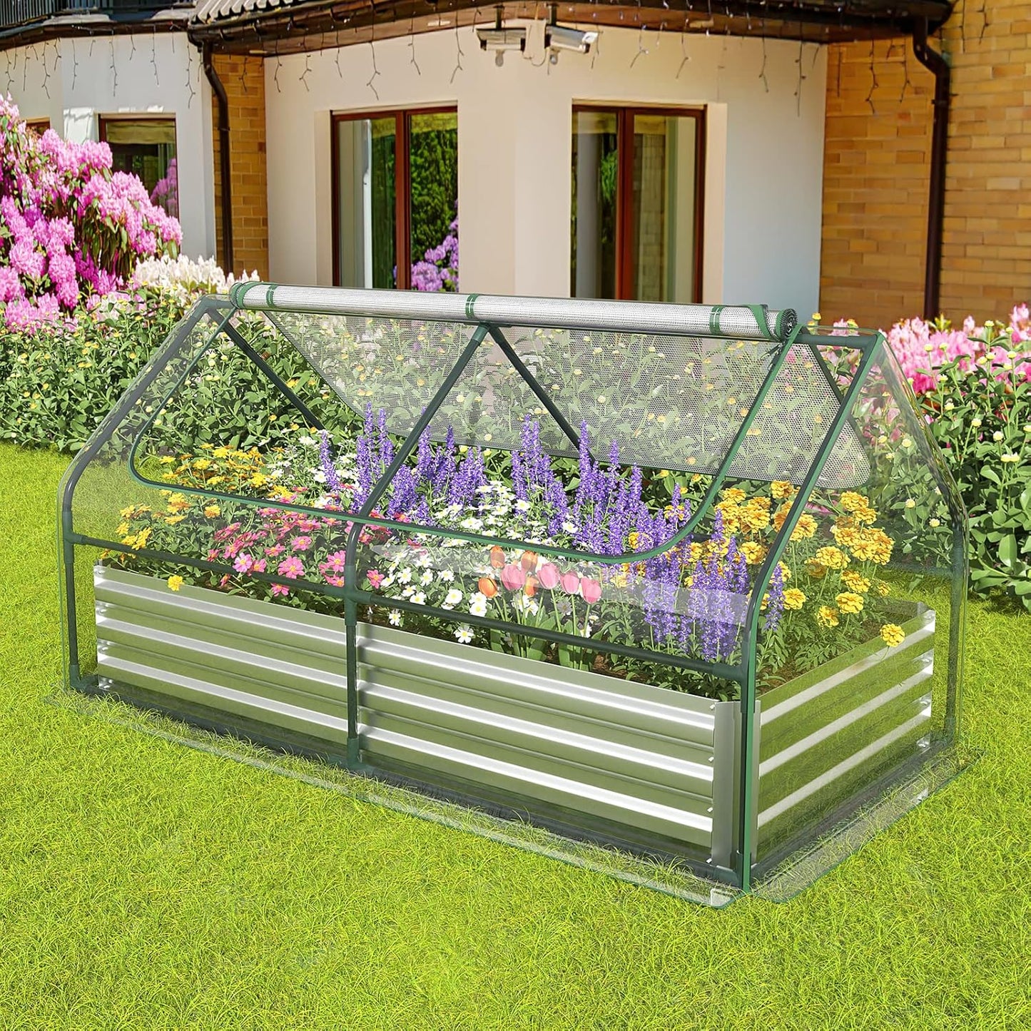 S AFSTAR Raised Garden Bed with Cover, 6FT x 3FT x 3FT Galvanized Bottomless Garden Bed with Greenhouse, Dual 2-Tier Roll-Up Windows, Easy Venting & Watering, Outdoor Metal Planter Box Kit with Cover
