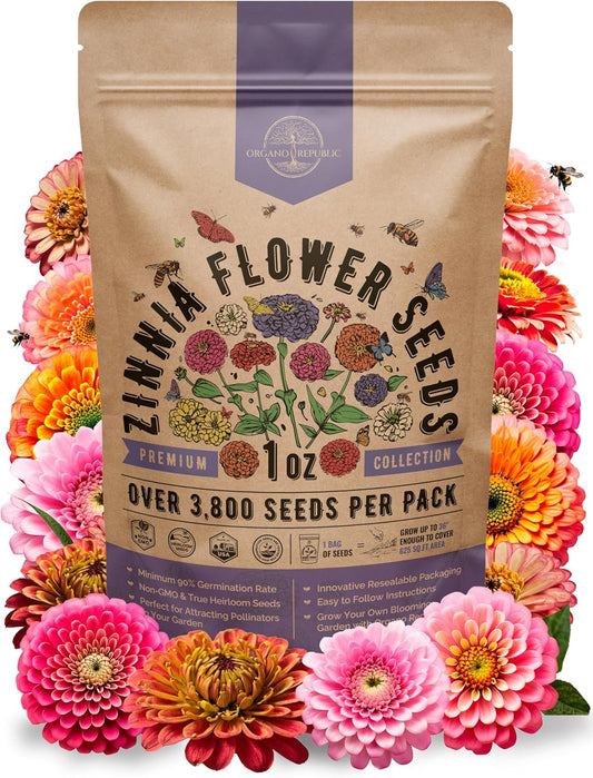 Zinnia Seeds Pack 1 oz - Over 3,800 Non-GMO Heirloom Zinnia Seeds for Planting, Annual Flowers in Individual Seed Packet, Flower Seed for Planting Home Garden Indoor & Outdoor Gardening