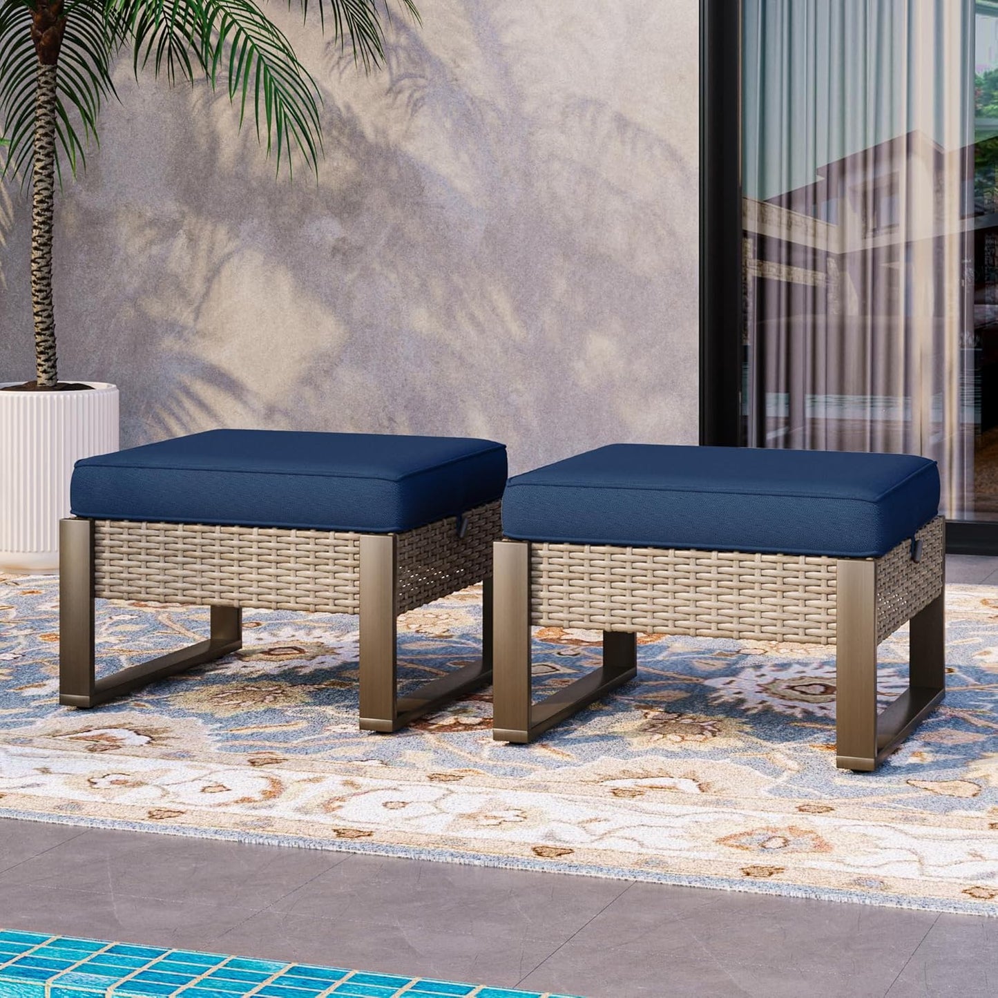 Patio Metal Wicker Ottoman Set of 2, Outdoor PE Rattan Footstools with Removable Cushions & Wood-Looking Metal Steel Framed Legs for Garden Backyard Porch Deck, Dark Blue